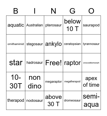 PRHISTORIC BINGO Card