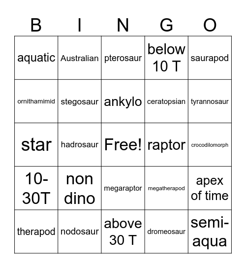PRHISTORIC BINGO Card