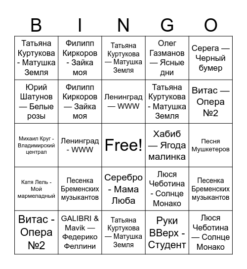 Музыкальное лото Bingo Card