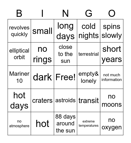 Mercury Bingo Card