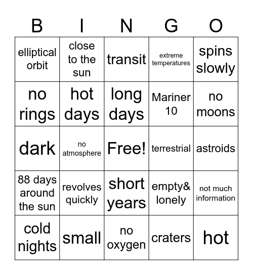 Mercury Bingo Card