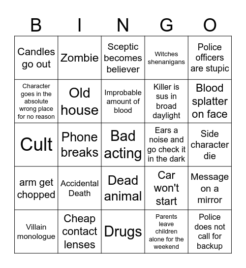 Horror Movie 7 Bingo Card