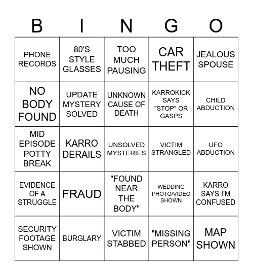 Unsolved Mysteries w/KarroKick Bingo Card