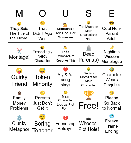 Disney Channel Original Movie Bingo Card