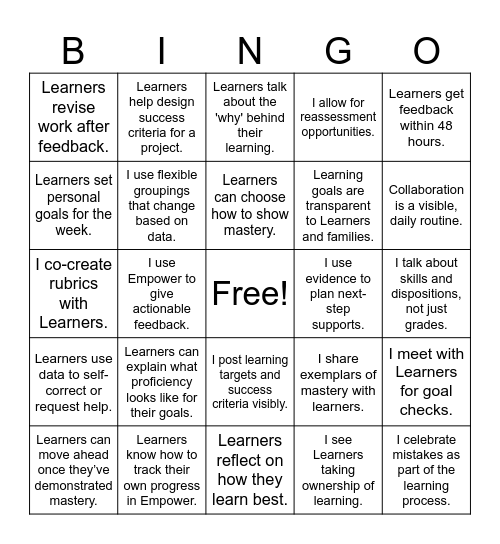 Competency Based Learning in Action! Bingo Card