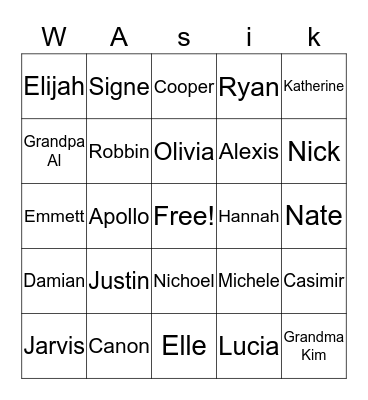 Wasik Family Bingo Card
