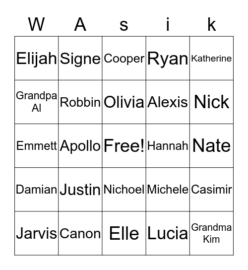 Wasik Family Bingo Card
