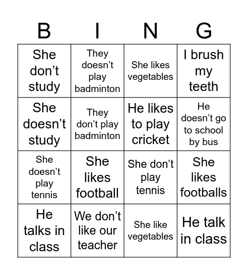 Present simple Bingo Card