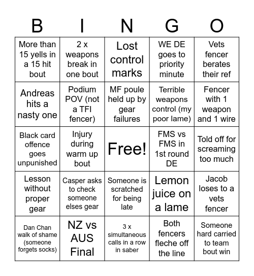 Nationals 2025 Bingo Card