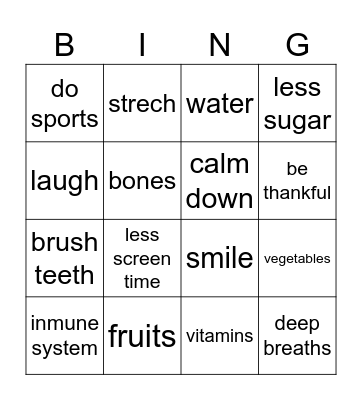 HEALTHY Bingo Card