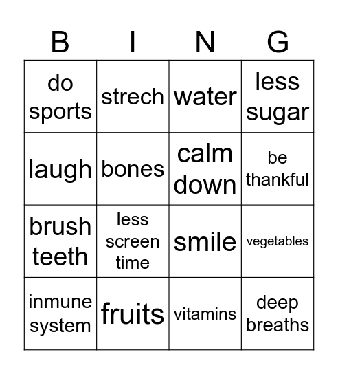 HEALTHY Bingo Card