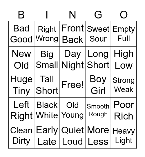 Opposites words Bingo Card
