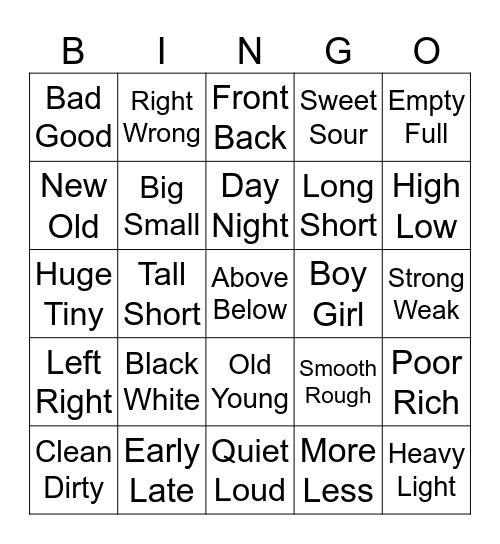 Opposites words Bingo Card