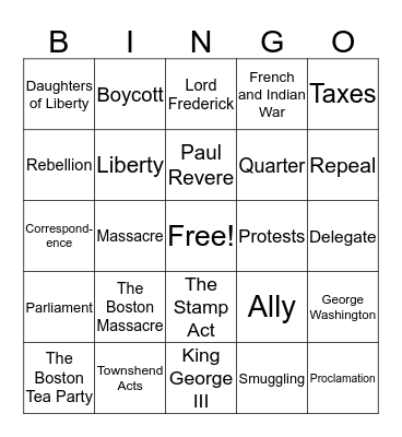 Causes of the Revolutionary War Bingo Card