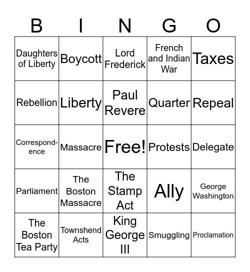 Causes of the Revolutionary War Bingo Card