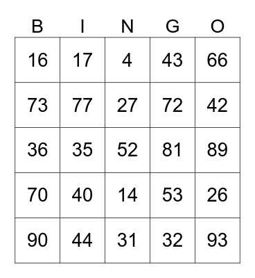 Number Bingo Card