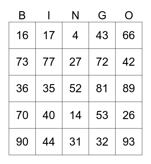 Number Bingo Card