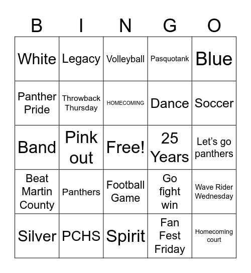 Homecoming Bingo Card