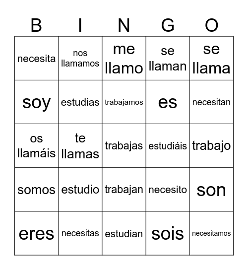 Verbos I. Bingo Card
