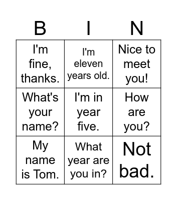 First day at school Bingo Card
