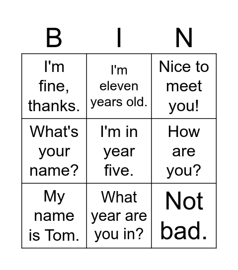First day at school Bingo Card