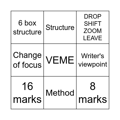 English Language Bingo Card