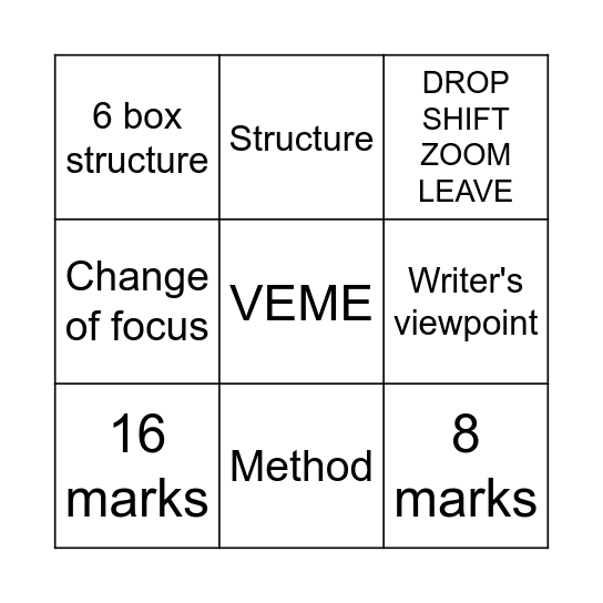 English Language Bingo Card