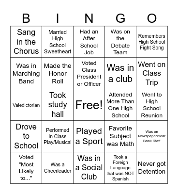 High School Bingo Card