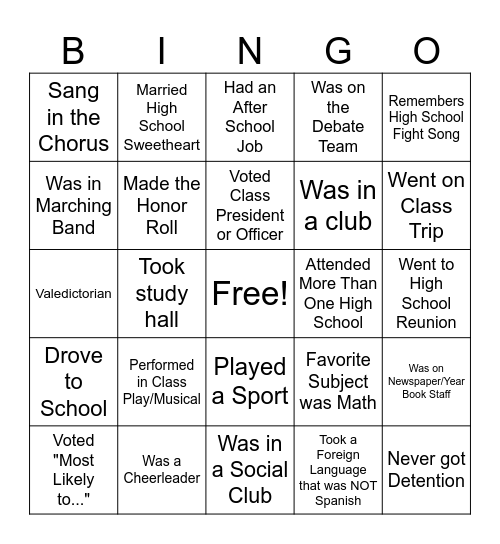 High School Bingo Card