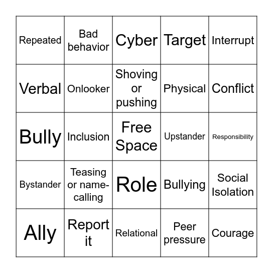 Bully Free Bingo Card