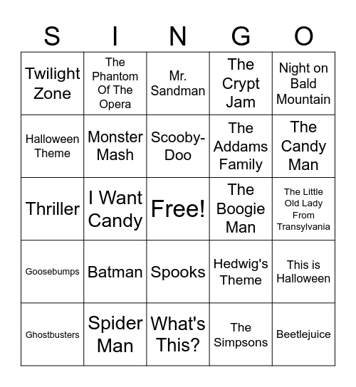 Halloween Singo Bingo Card