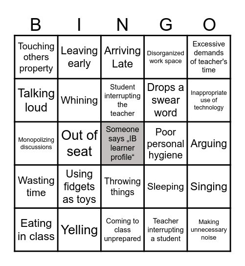 Classroom Bingo Card