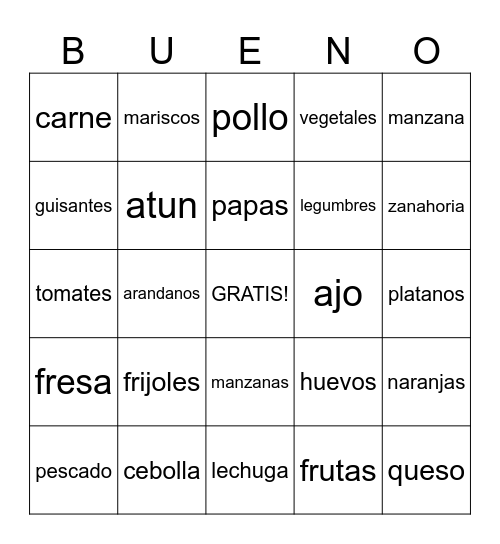 Spanish food Bingo Card
