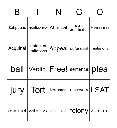 Legal Lingo Showdown Bingo Card