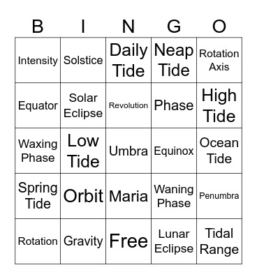 Unit 3: The Sun-Earth-Moon System Bingo Card