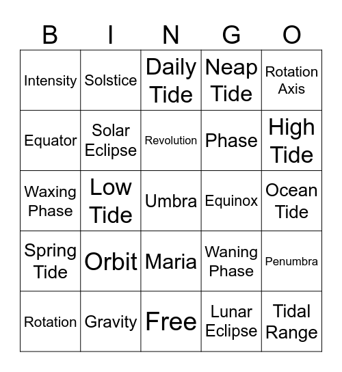 Unit 3: The Sun-Earth-Moon System Bingo Card