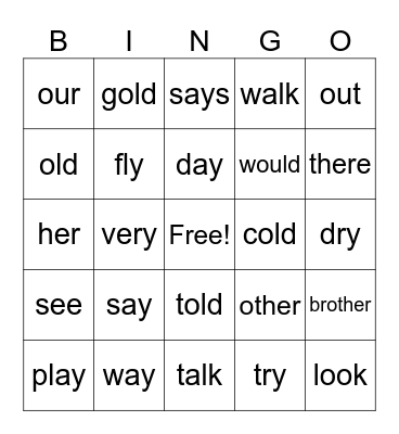 Sight Words Bingo Card
