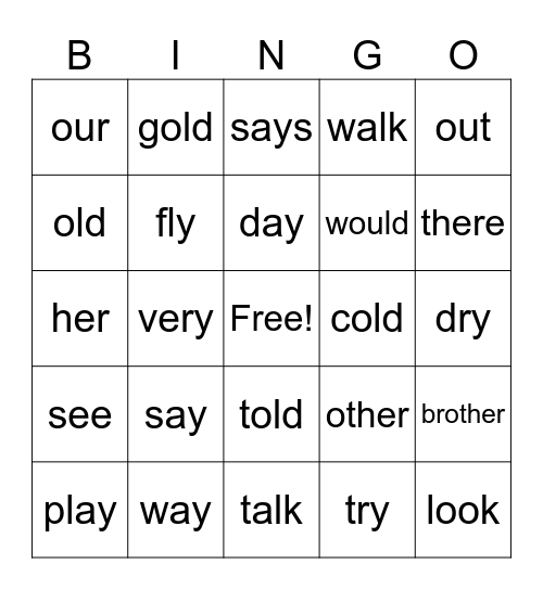Sight Words Bingo Card