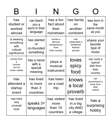 Cultural Bingo Card