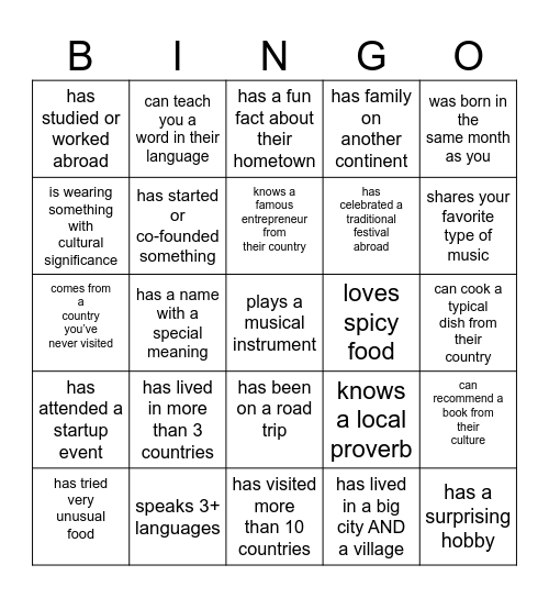 Cultural Bingo Card
