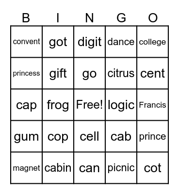 Hard/Soft C and G Bingo Card