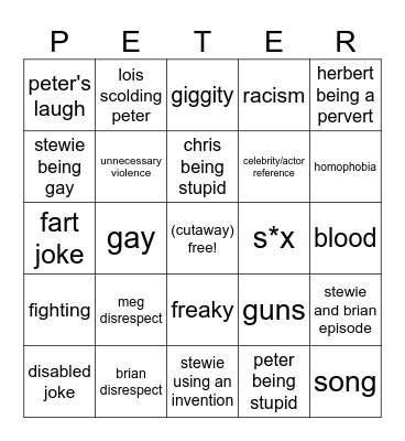 family guy Bingo Card