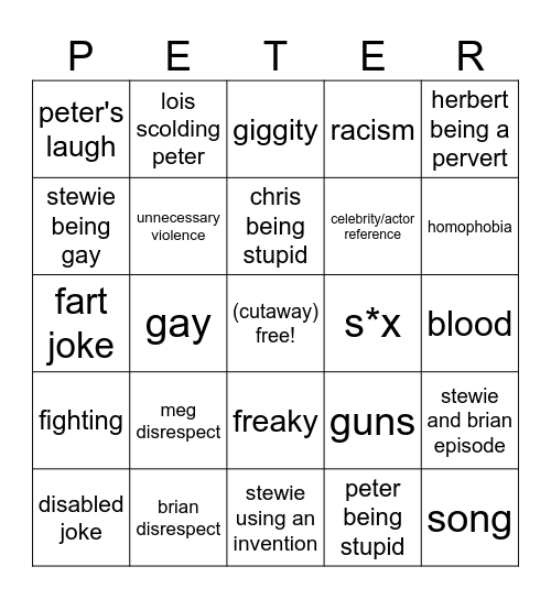 family guy Bingo Card