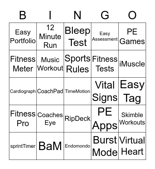 PE Apps Bingo Card
