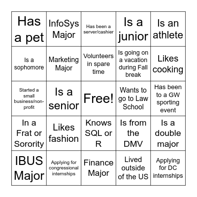 BADM 3001 Networking Bingo Card