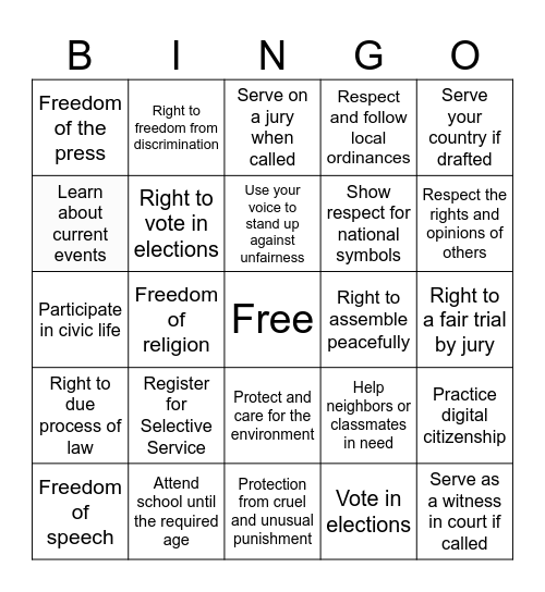 Citizenship Bingo Card