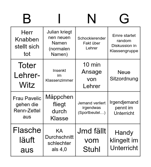10. Klassenbingo Card