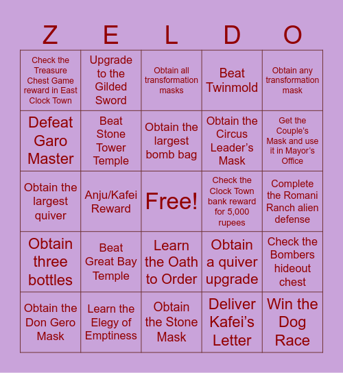 Majora Bingo Card