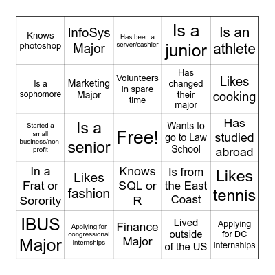 BADM 3001 Networking Bingo Card