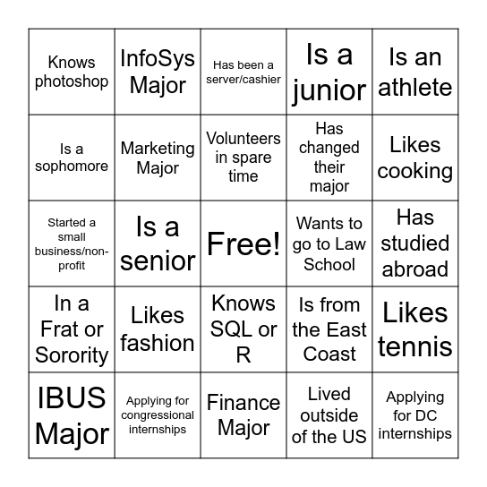 BADM 3001 Networking Bingo Card